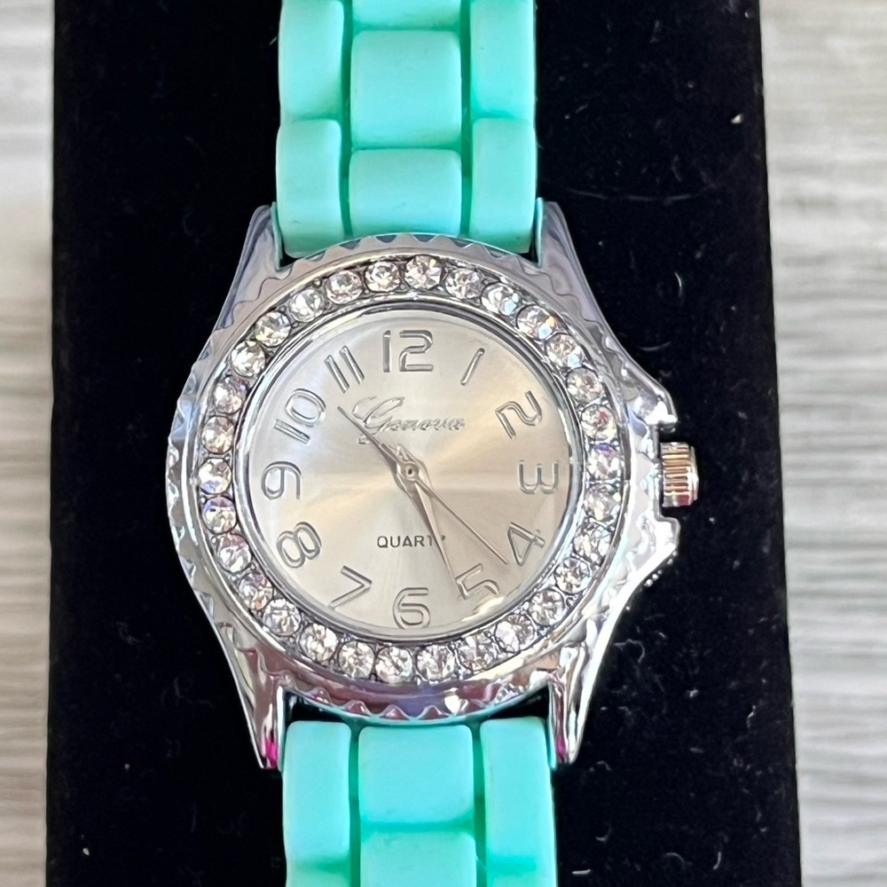 Geneva Silver Watch with Aqua Band